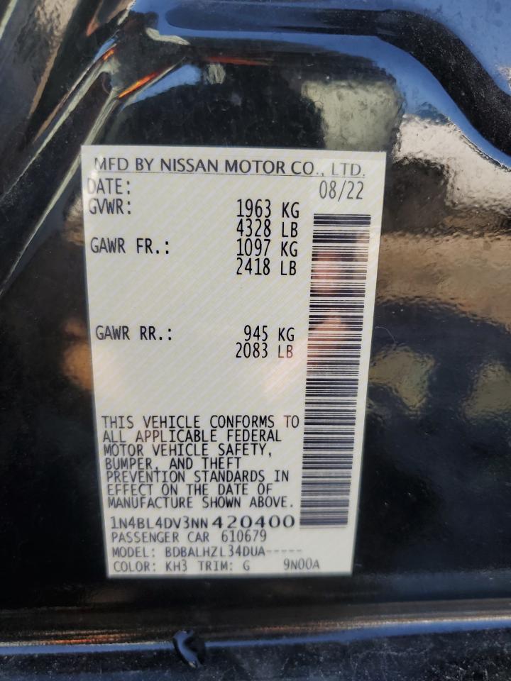 2022 NISSAN ALTIMA SV VIN:1N4BL4DV3NN420400