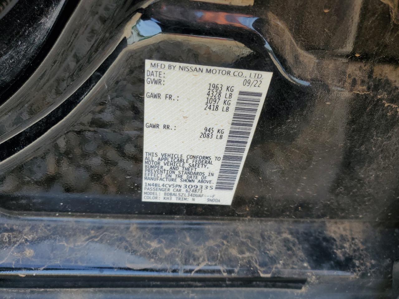 2023 NISSAN ALTIMA SR VIN:1N4BL4CV5PN309335
