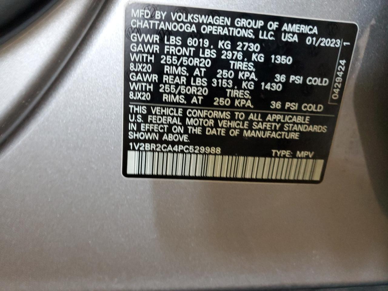 2023 VOLKSWAGEN ATLAS SEL VIN:1V2BR2CA4PC529988