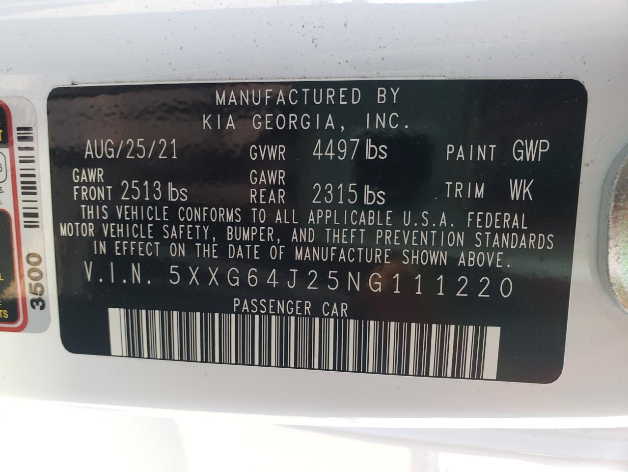 2022 KIA K5 GT LINE VIN:5XXG64J25NG111220