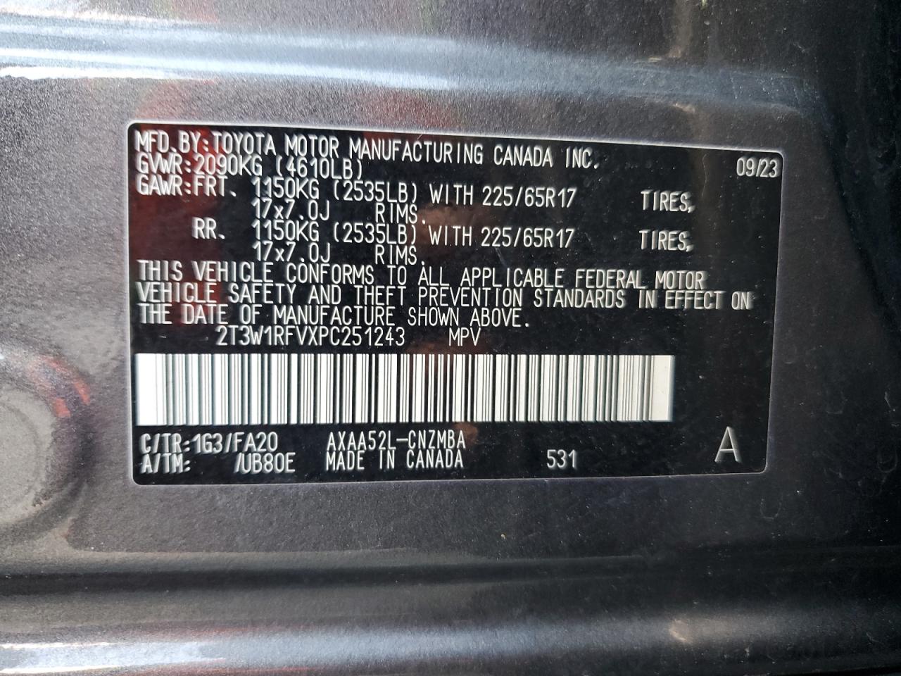 2023 TOYOTA RAV4 XLE VIN:2T3W1RFVXPC251243