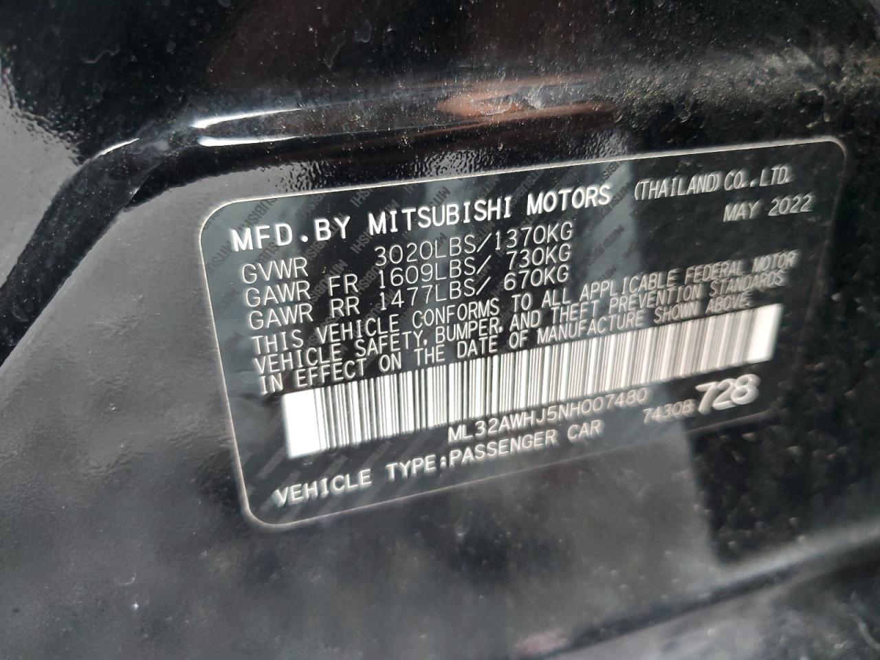 2022 MITSUBISHI MIRAGE SE VIN:ML32AWHJ5NH007480