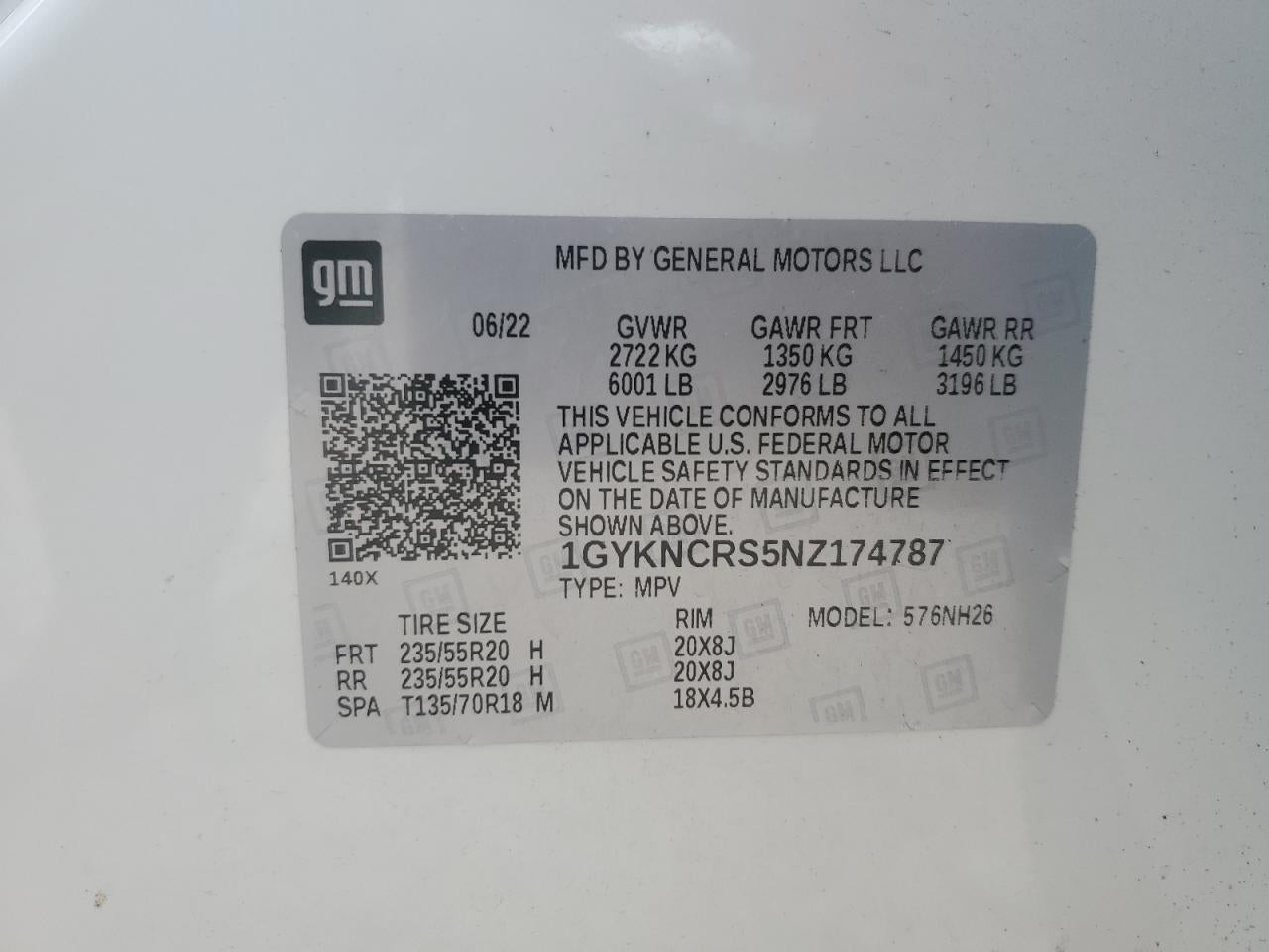 2022 CADILLAC XT5 PREMIUM LUXURY VIN:1GYKNCRS5NZ174787