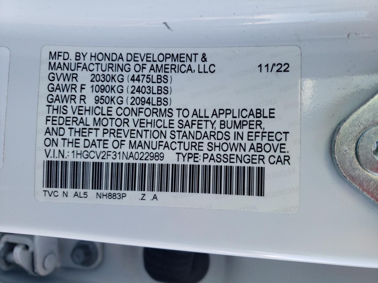 2022 HONDA ACCORD SPORT VIN:1HGCV2F31NA022989