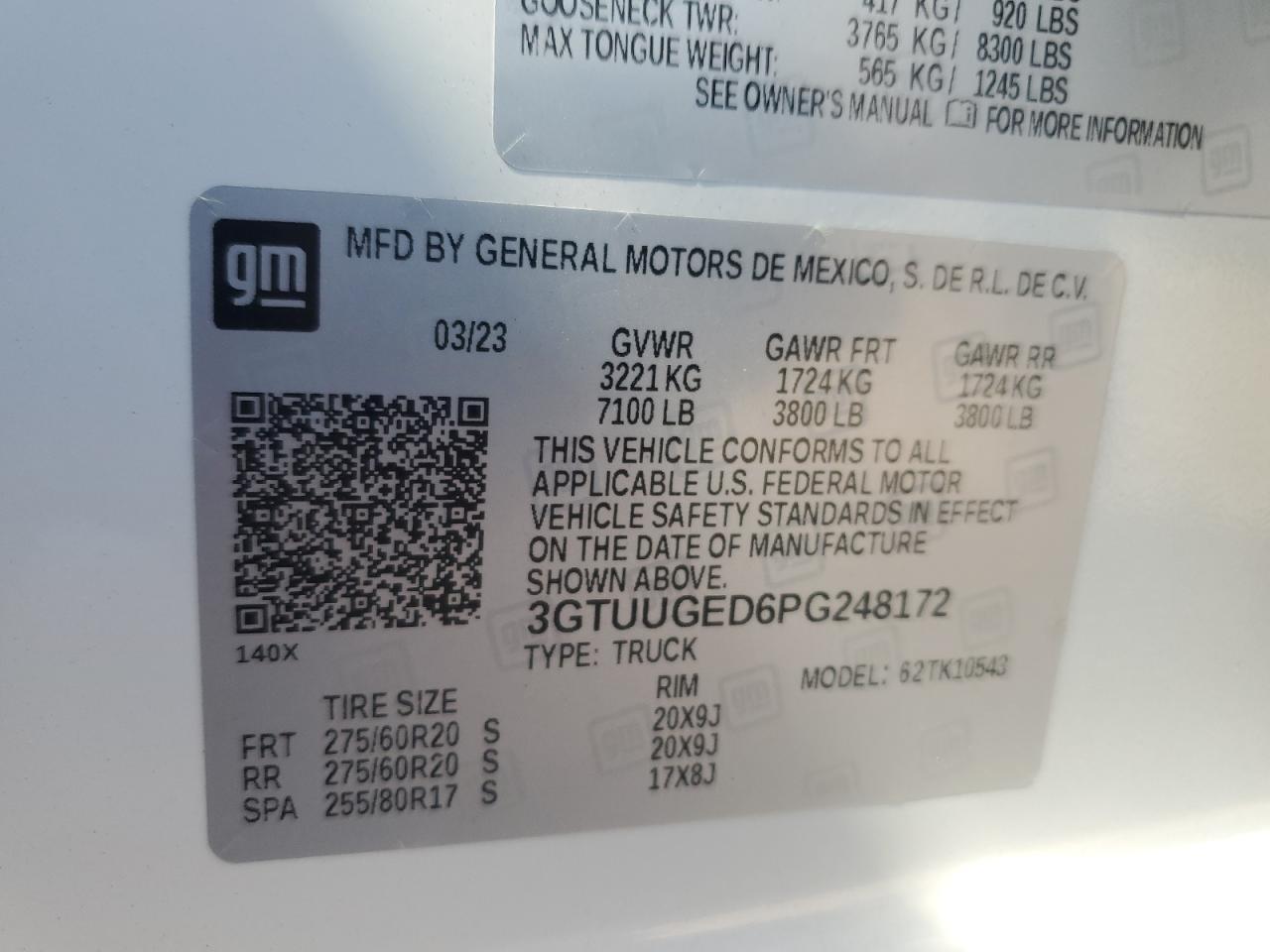 2023 GMC SIERRA K1500 DENALI VIN:3GTUUGED6PG248172