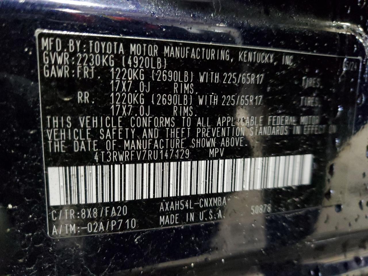 2024 TOYOTA RAV4 XLE VIN:4T3RWRFV7RU147129