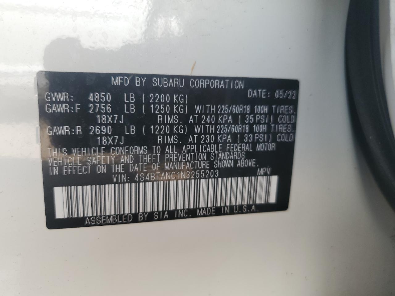 2022 SUBARU OUTBACK LIMITED VIN:4S4BTANC1N3255203