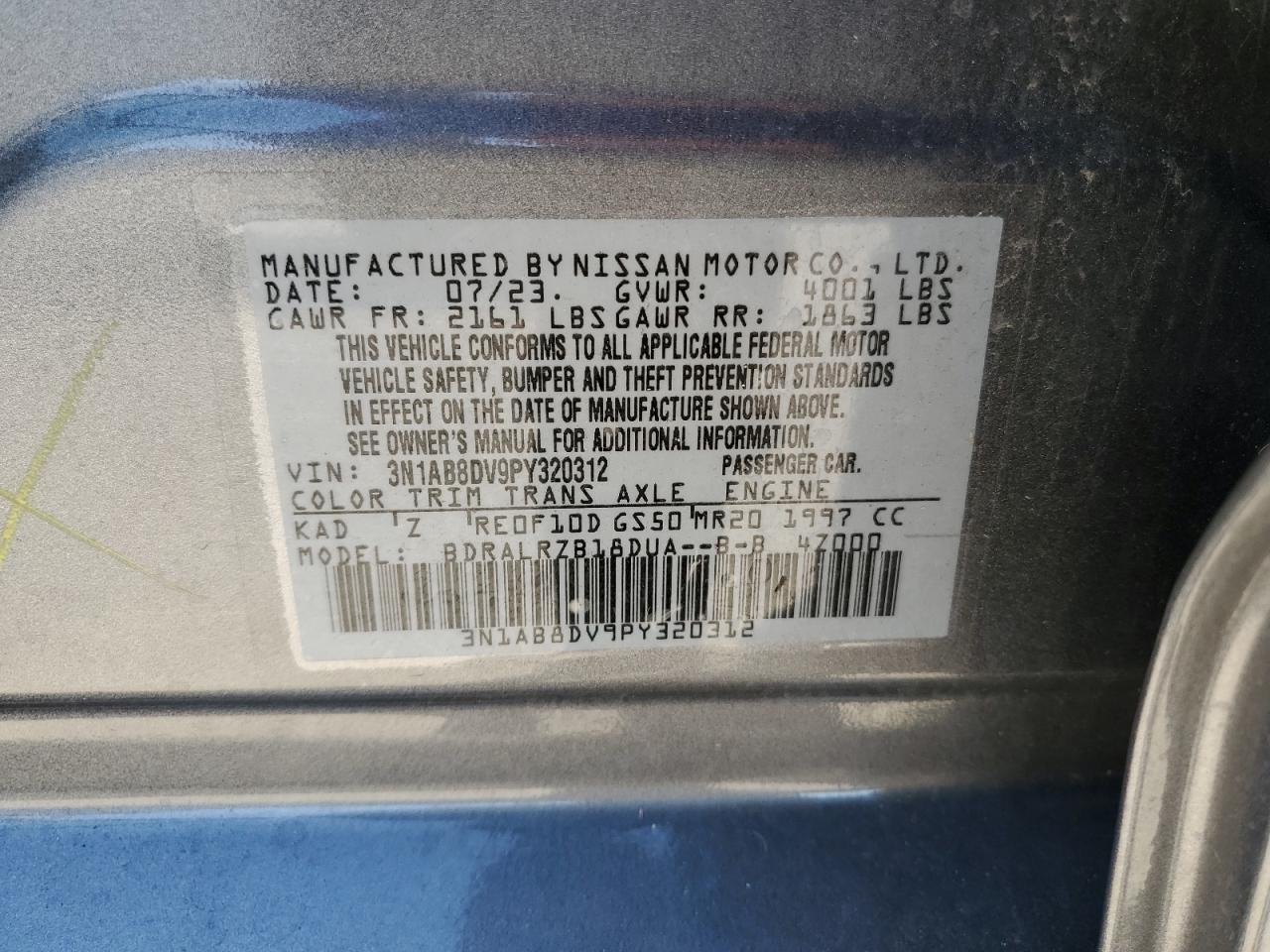 2023 NISSAN SENTRA SR VIN:3N1AB8DV9PY320312