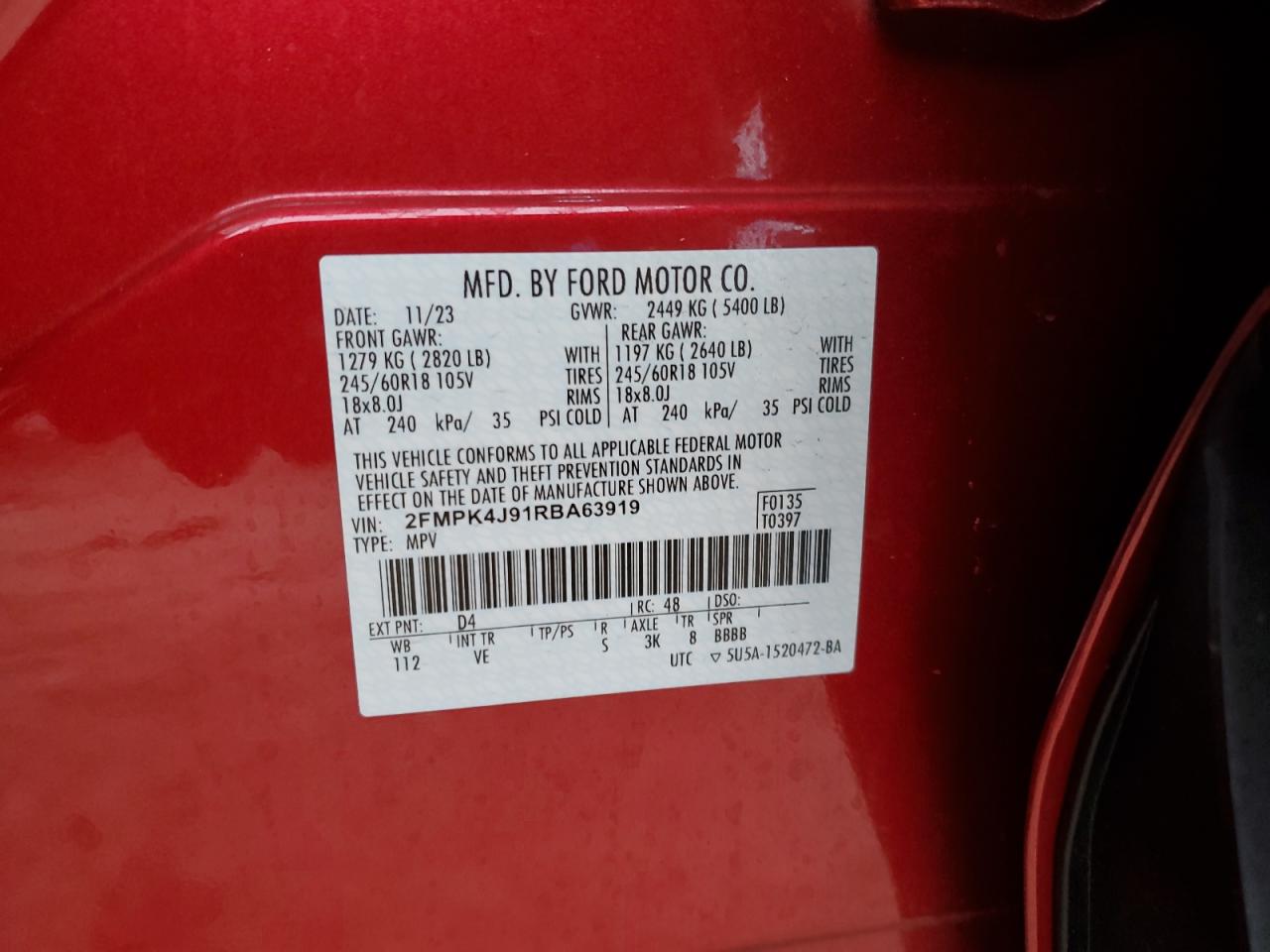 2024 FORD EDGE SEL VIN:2FMPK4J91RBA63919