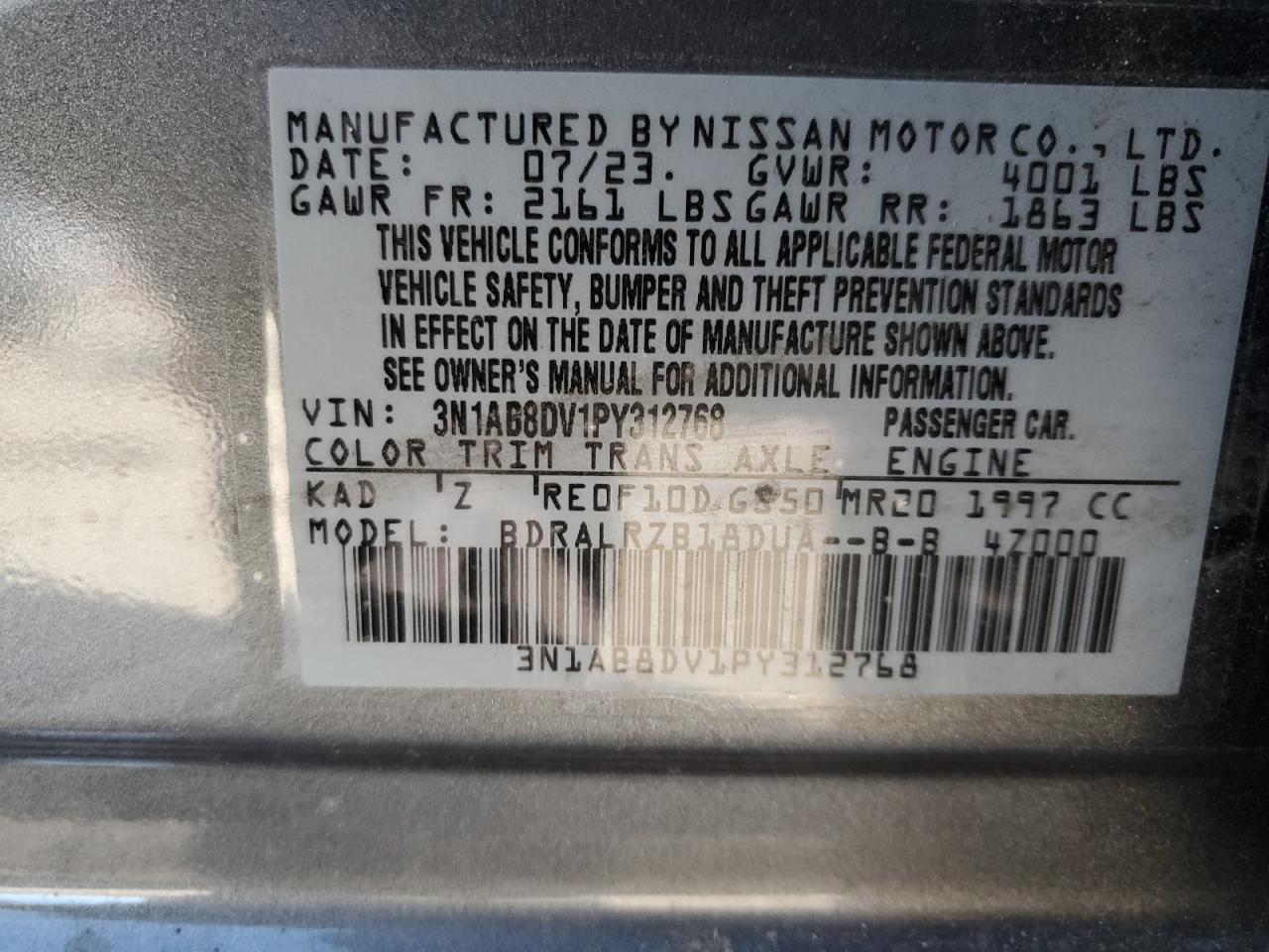 2023 NISSAN SENTRA SR VIN:3N1AB8DV1PY312768