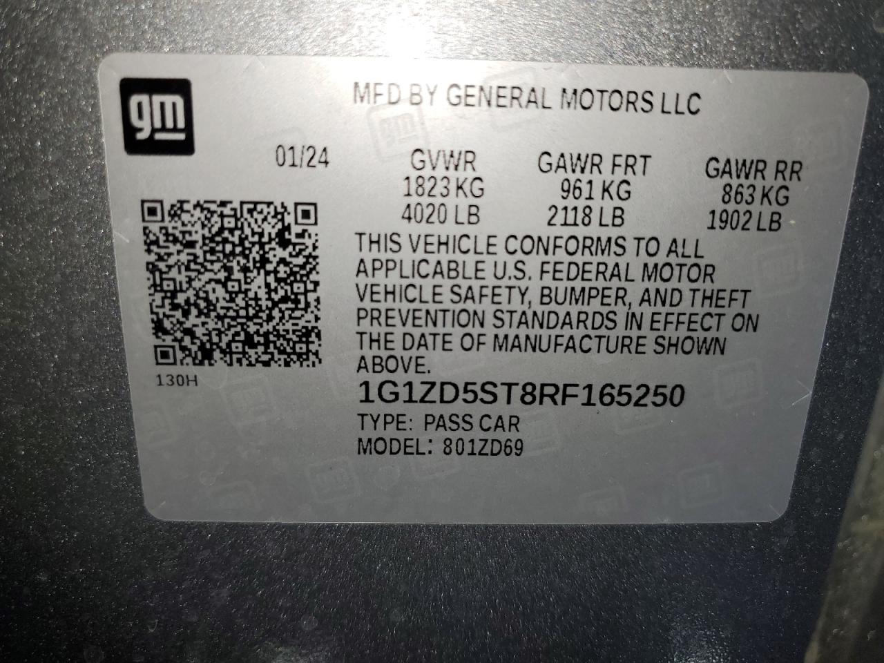 2024 CHEVROLET MALIBU LT VIN:1G1ZD5ST8RF165250