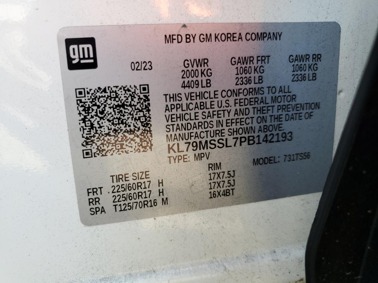 2023 CHEVROLET TRAILBLAZER ACTIV VIN:KL79MSSL7PB142193