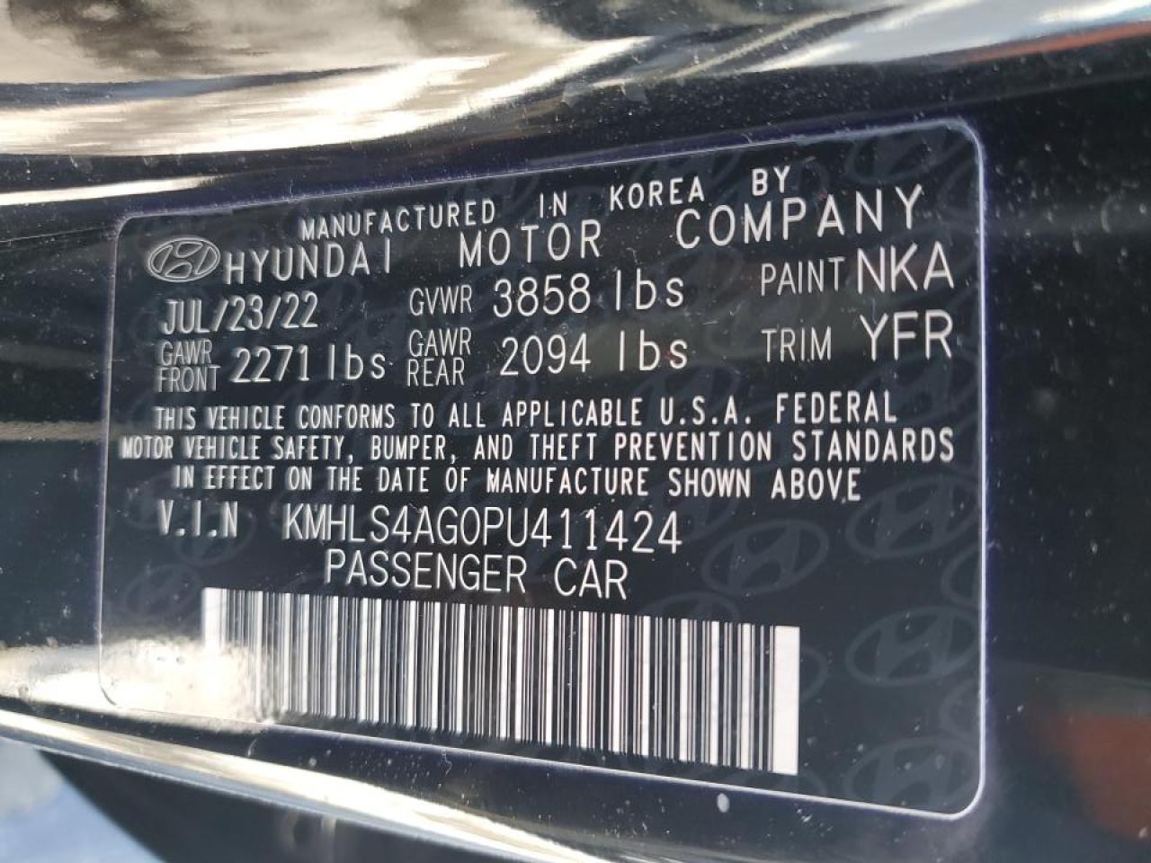 2023 HYUNDAI ELANTRA SEL VIN:KMHLS4AG0PU411424