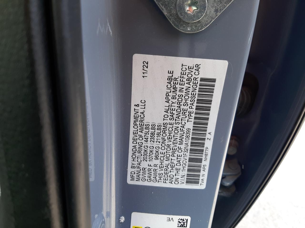 2022 HONDA ACCORD SPORT VIN:1HGCV1F32NA108399