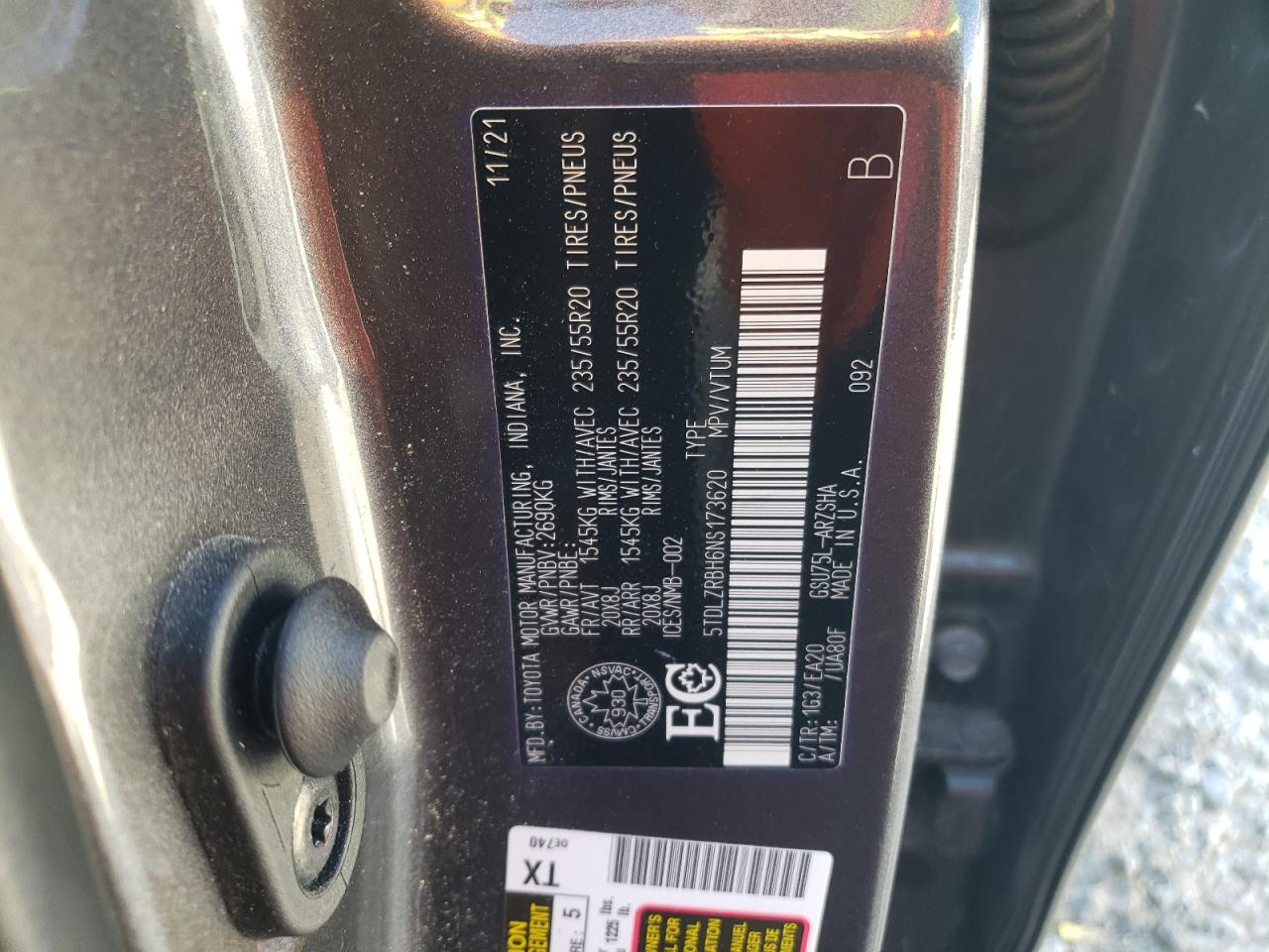 2022 TOYOTA HIGHLANDER XSE VIN:5TDLZRBH6NS173620