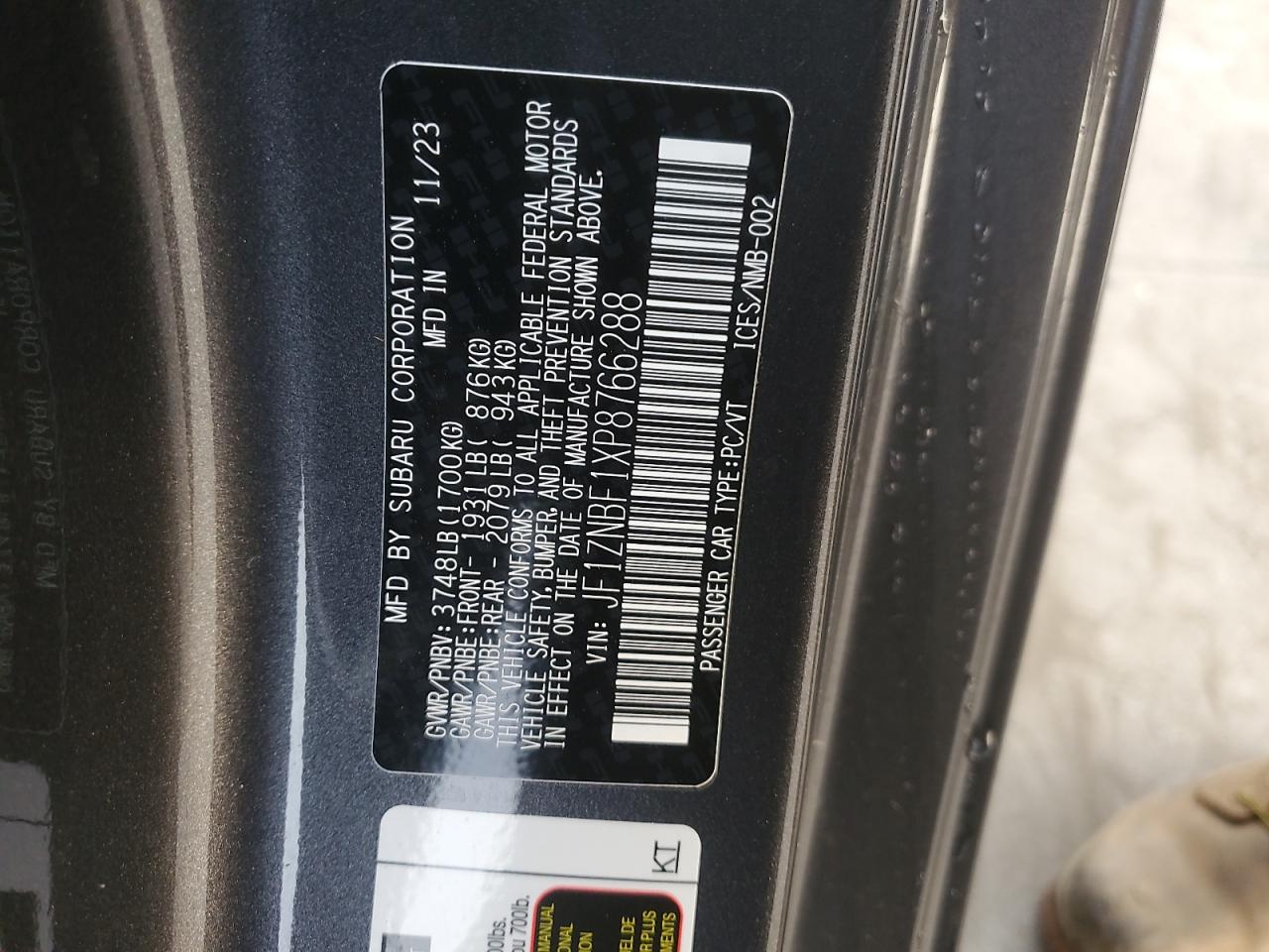 2023 TOYOTA GR 86 PREMIUM VIN:JF1ZNBF1XP8766288