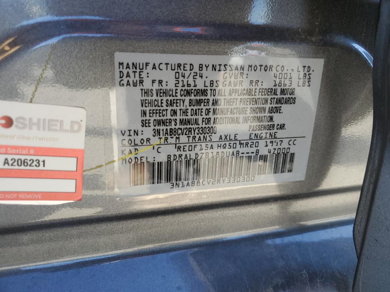 2024 NISSAN SENTRA SV VIN:3N1AB8CV2RY330300