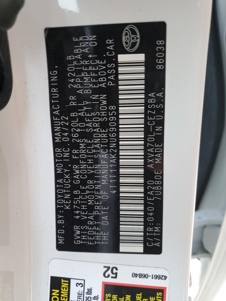 2022 TOYOTA CAMRY SE VIN:4T1T11AK2NU690958