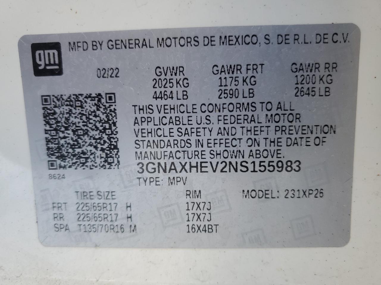 2022 CHEVROLET EQUINOX LS VIN:3GNAXHEV2NS155983