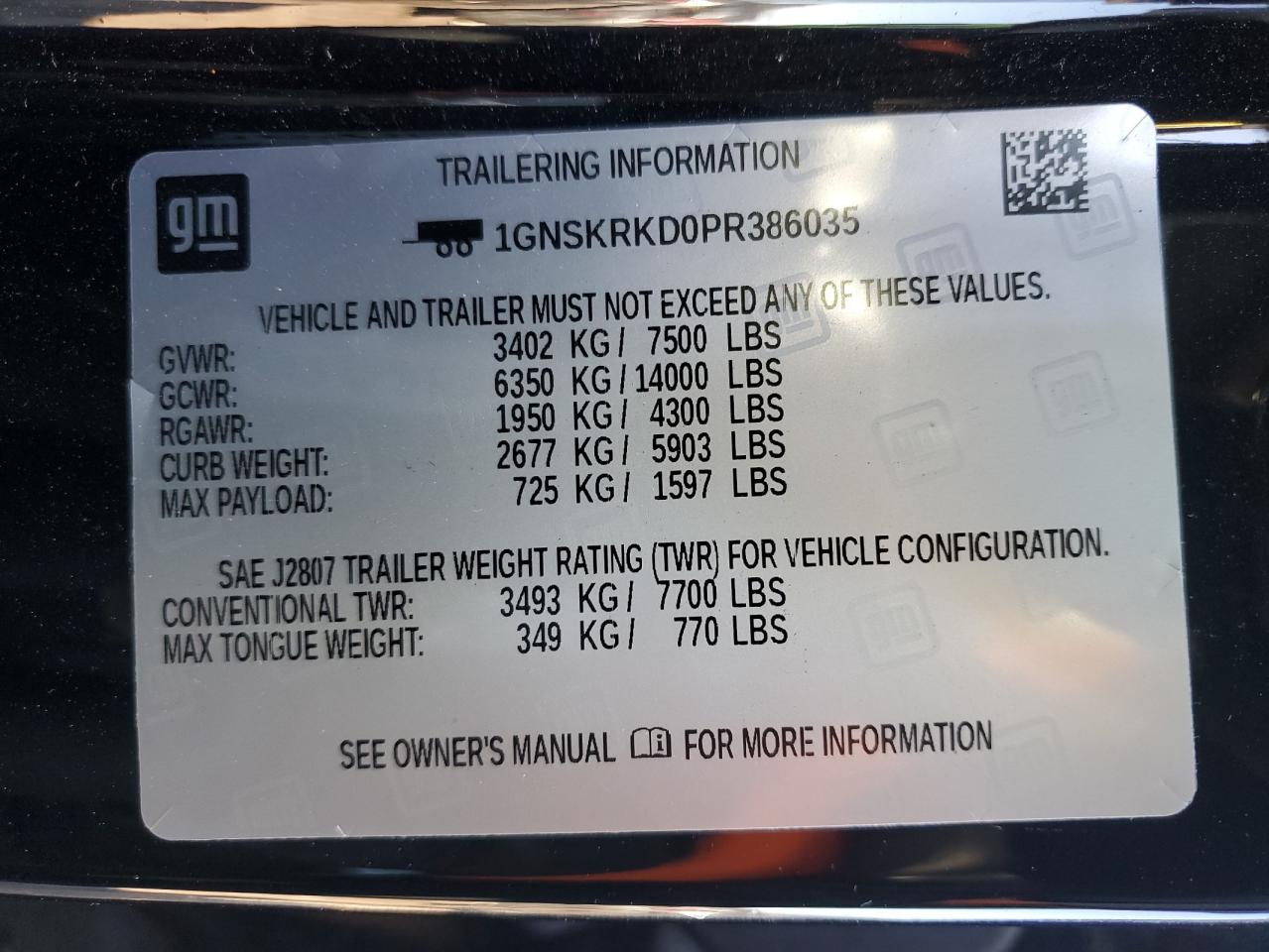 2023 CHEVROLET TAHOE K1500 RST VIN:1GNSKRKD0PR386035