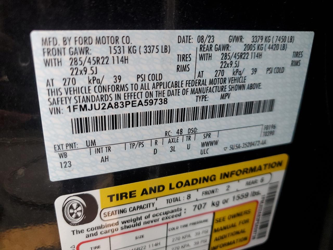 2023 FORD EXPEDITION LIMITED VIN:1FMJU2A83PEA59738