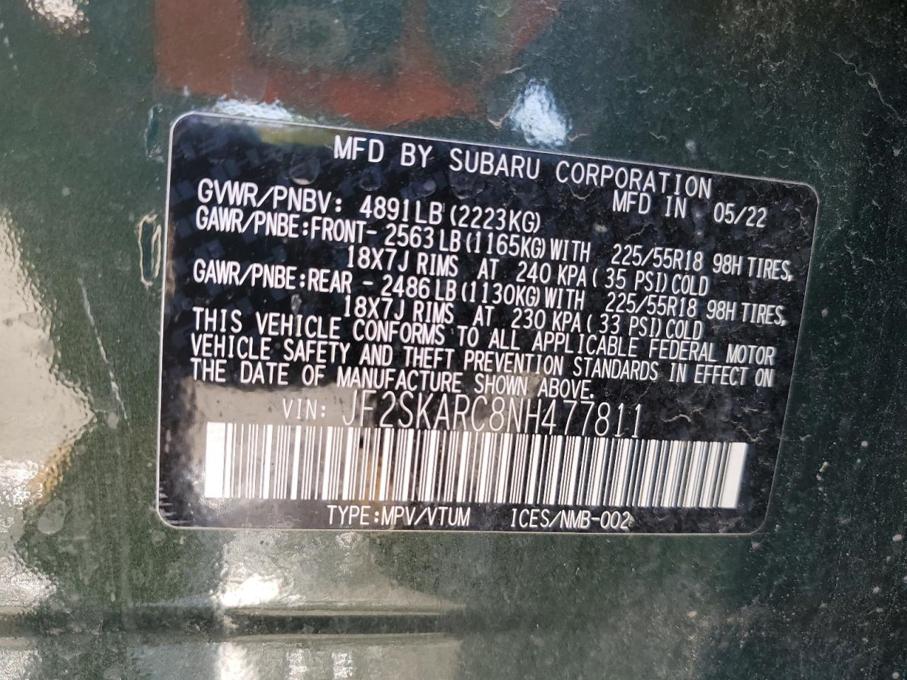 2022 SUBARU FORESTER TOURING VIN:JF2SKARC8NH477811