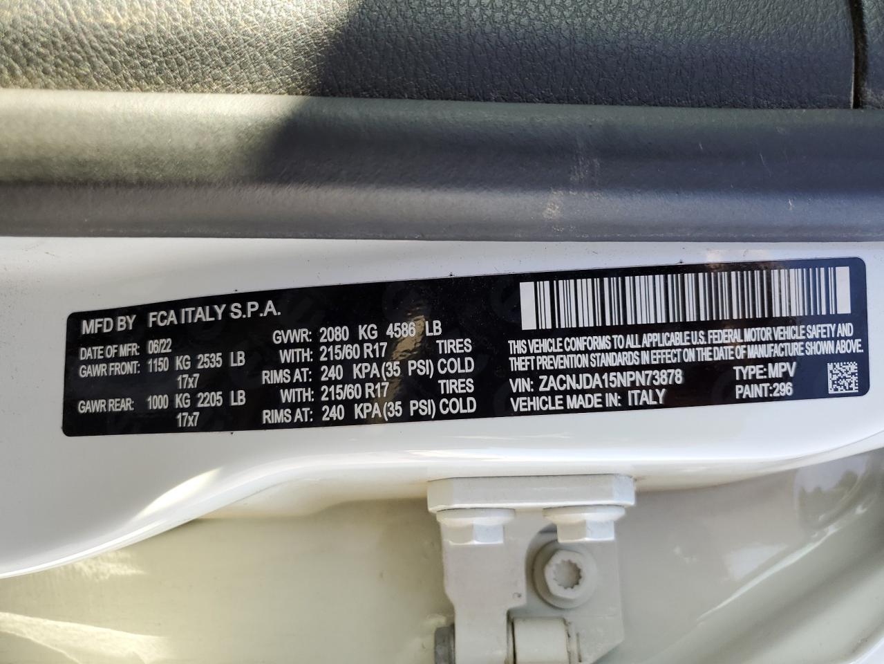 2022 JEEP RENEGADE SPORT VIN:ZACNJDA15NPN73878