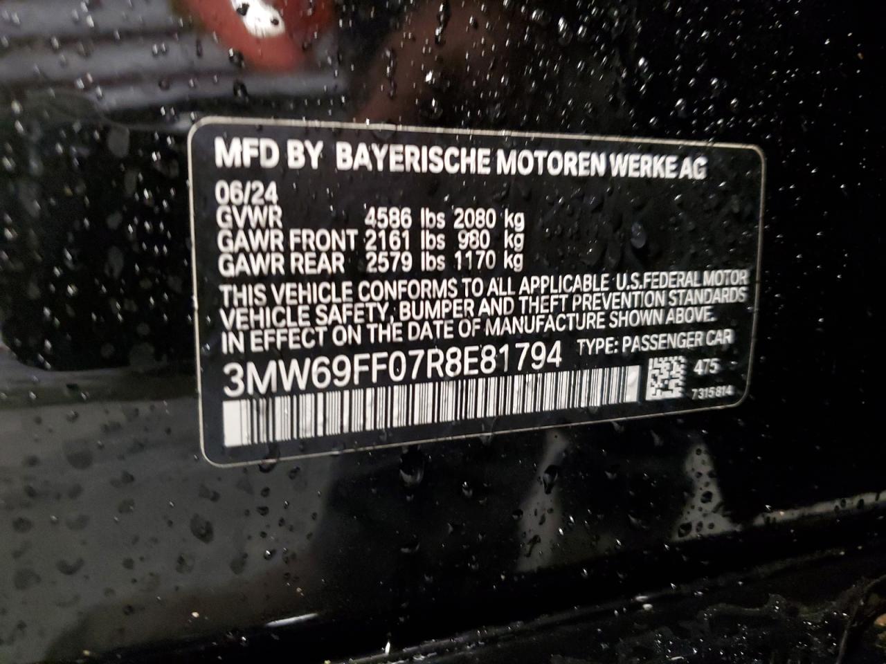 2024 BMW 330I  VIN:3MW69FF07R8E81794