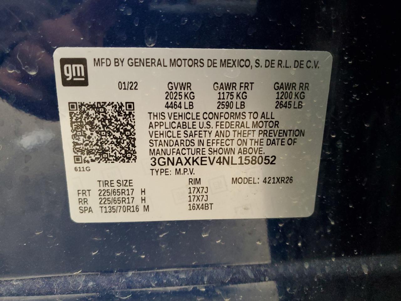 2022 CHEVROLET EQUINOX LT VIN:3GNAXKEV4NL158052