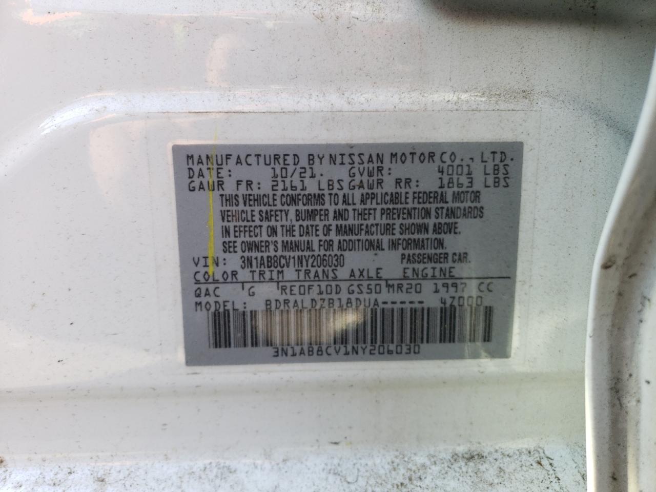 2022 NISSAN SENTRA SV VIN:3N1AB8CV1NY206030