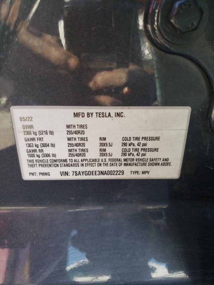 2022 TESLA MODEL Y  VIN:7SAYGDEE3NA002229