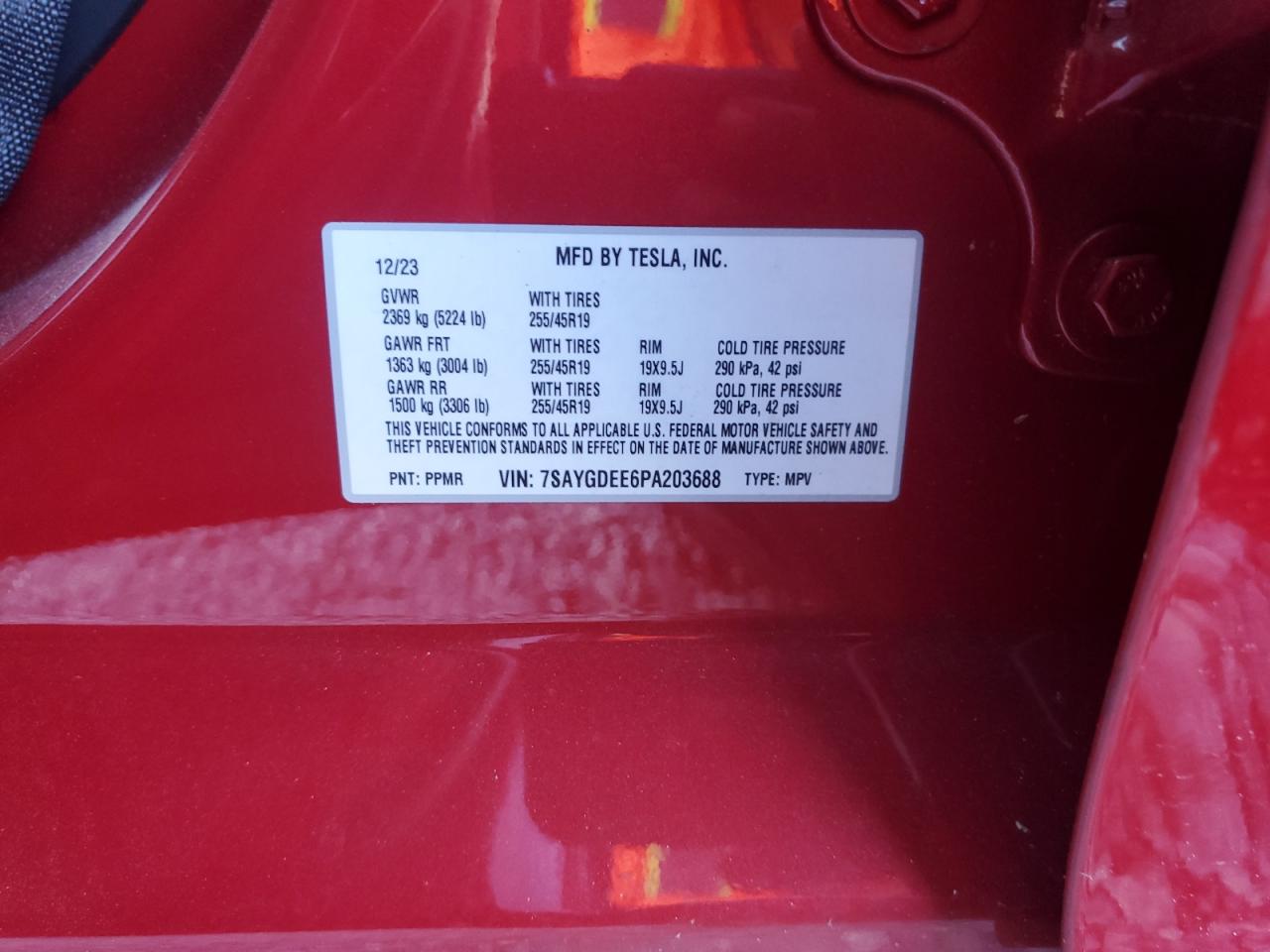 2023 TESLA MODEL Y  VIN:7SAYGDEE6PA203688