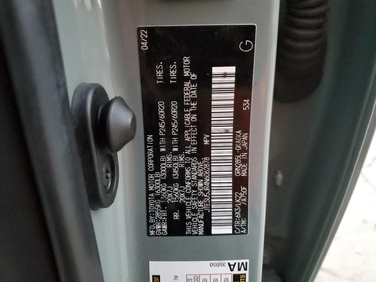 2022 TOYOTA 4RUNNER SR5 PREMIUM VIN:JTESU5JR4N6062878