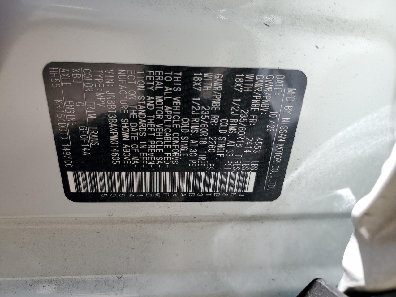 2023 NISSAN ROGUE SV VIN:JN8BT3BAXPW014605