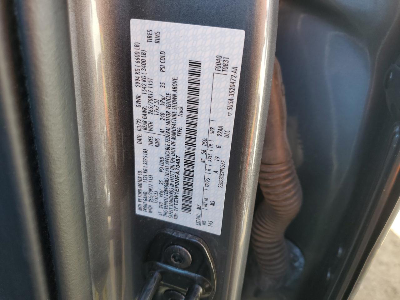 2022 FORD F150 SUPERCREW VIN:1FTEW1EP0NFA70487