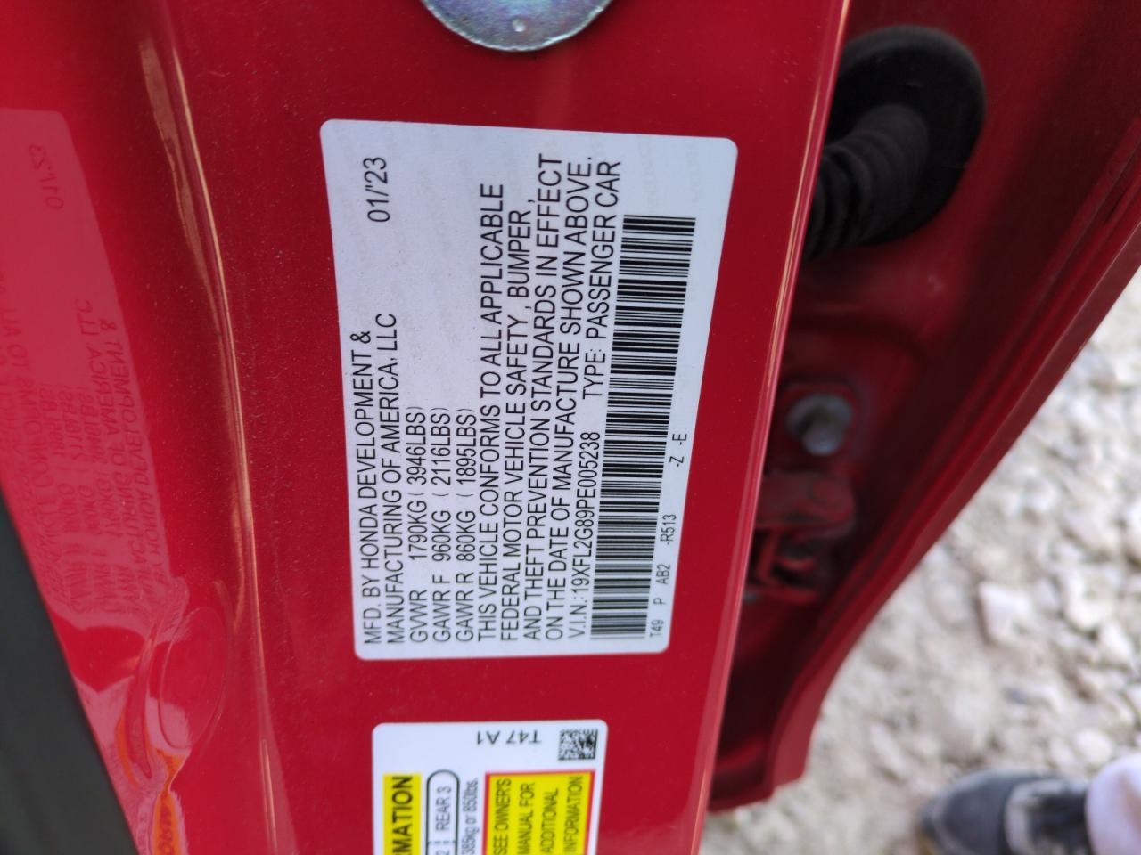 2023 HONDA CIVIC SPORT VIN:19XFL2G89PE005238