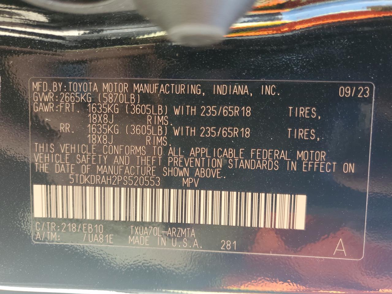 2023 TOYOTA HIGHLANDER L VIN:5TDKDRAH2PS520553