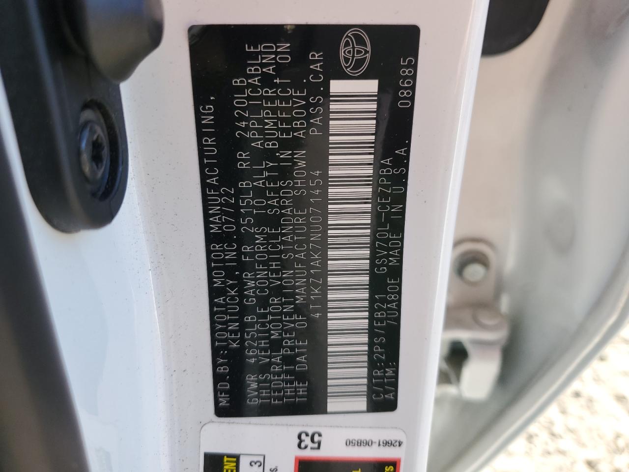 2022 TOYOTA CAMRY TRD VIN:4T1KZ1AK7NU071454