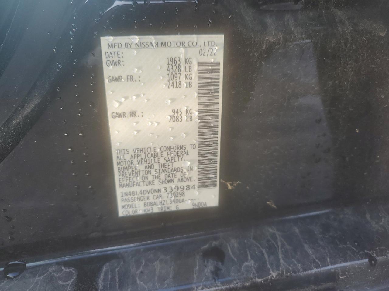 2022 NISSAN ALTIMA SV VIN:1N4BL4DV0NN339984