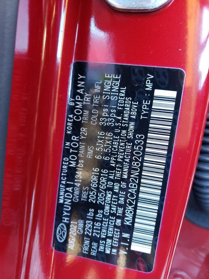 2022 HYUNDAI KONA SEL VIN:KM8K2CAB2NU820533
