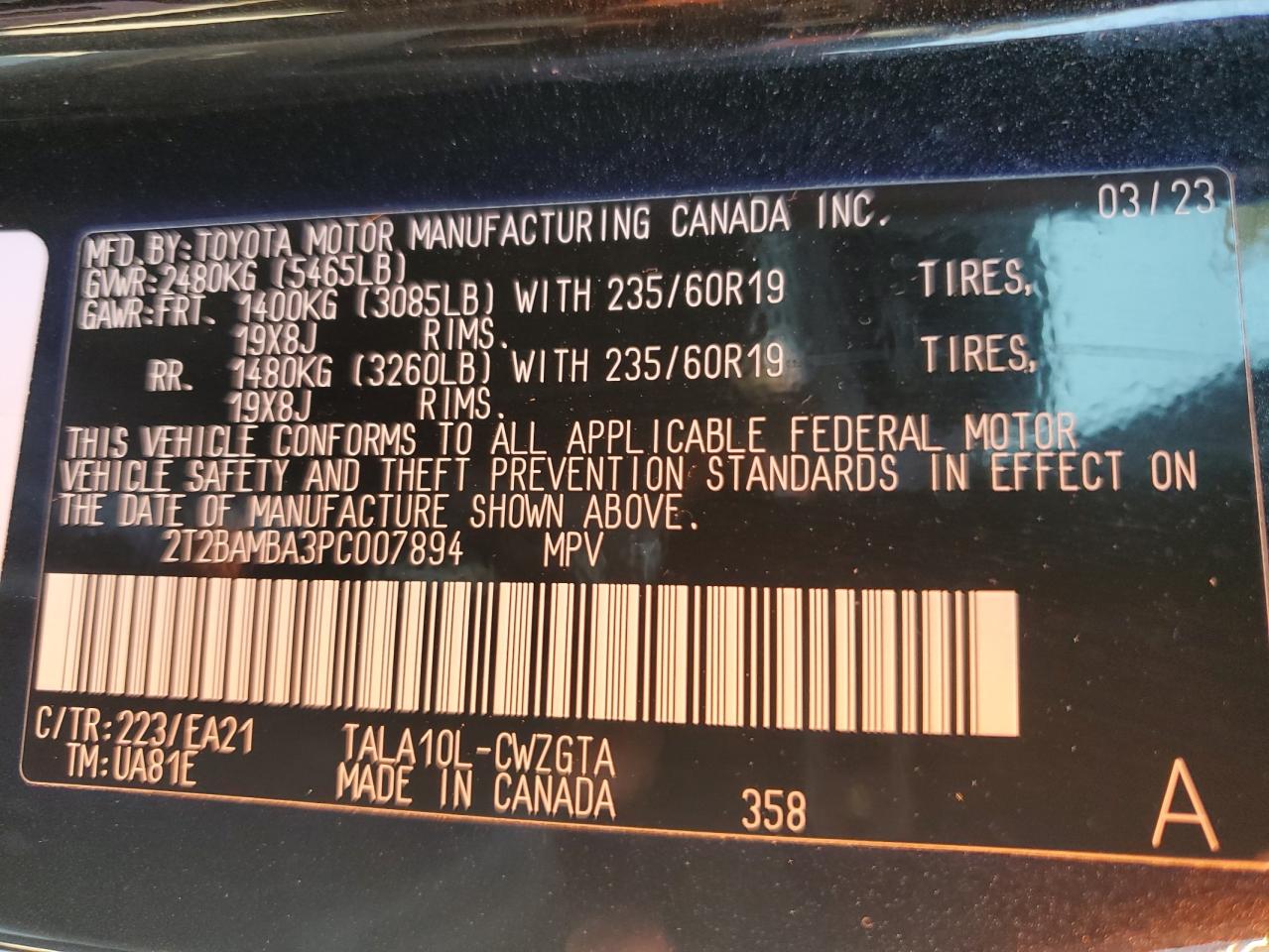 2023 LEXUS RX 350 BASE VIN:2T2BAMBA3PC007894