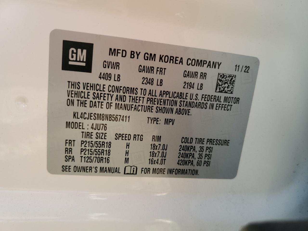 2022 BUICK ENCORE PREFERRED VIN:KL4CJESM8NB567411