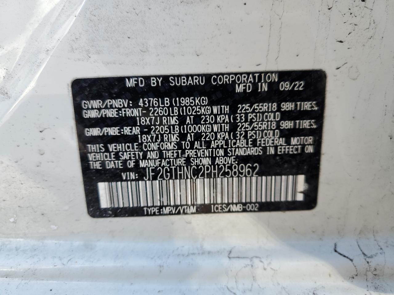 2023 SUBARU CROSSTREK LIMITED VIN:JF2GTHNC2PH258962