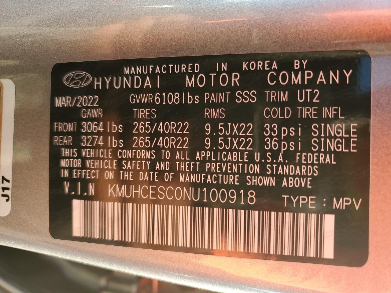 2022 GENESIS GV80 BASE VIN:KMUHCESC0NU100918