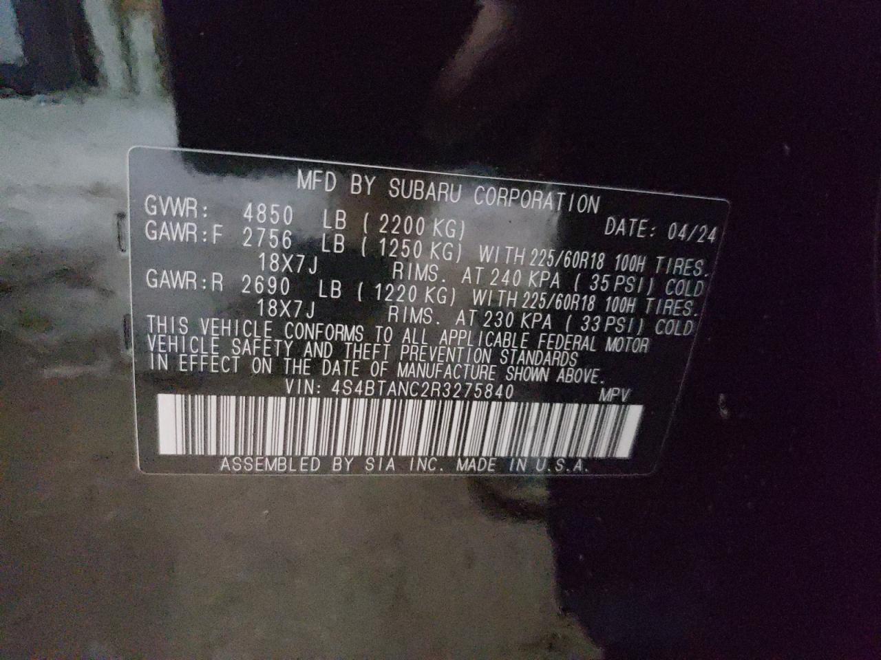 2024 SUBARU OUTBACK LIMITED VIN:4S4BTANC2R3275840