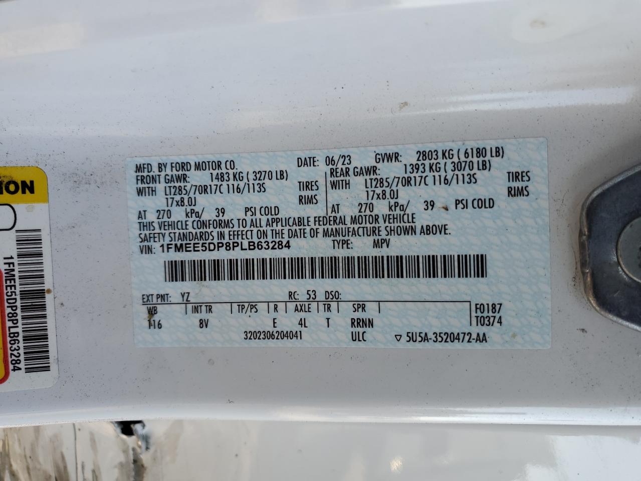 2023 FORD BRONCO BASE VIN:1FMEE5DP8PLB63284