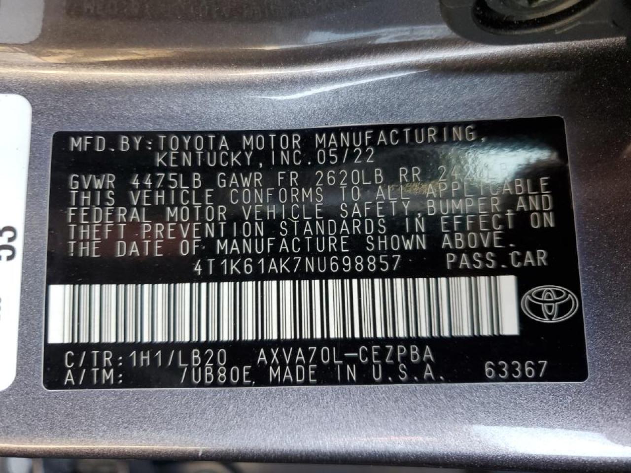 2022 TOYOTA CAMRY XSE VIN:4T1K61AK7NU698857