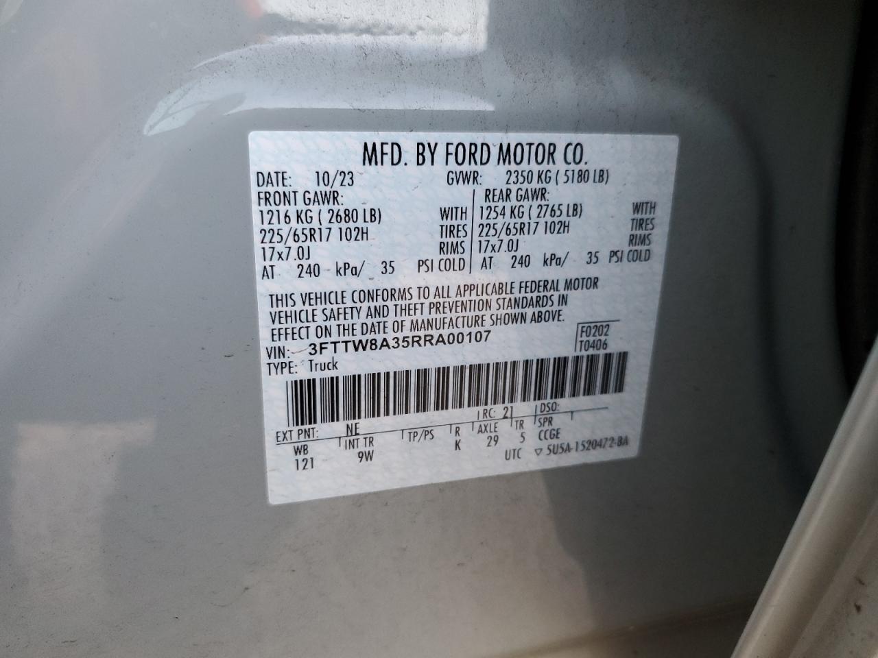 2024 FORD MAVERICK XL VIN:3FTTW8A35RRA00107