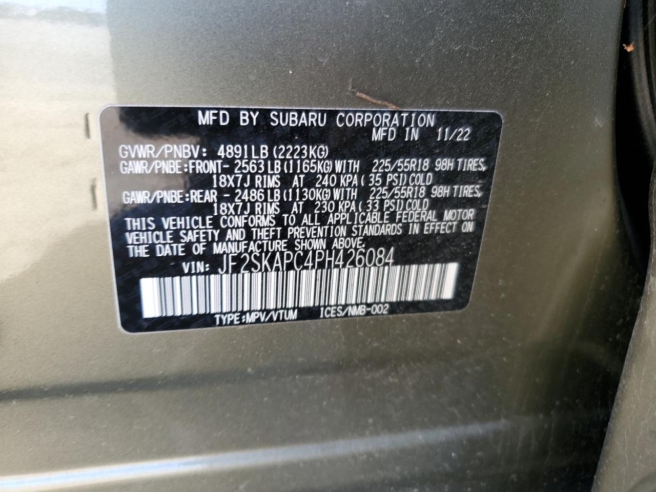 2023 SUBARU FORESTER LIMITED VIN:JF2SKAPC4PH426084