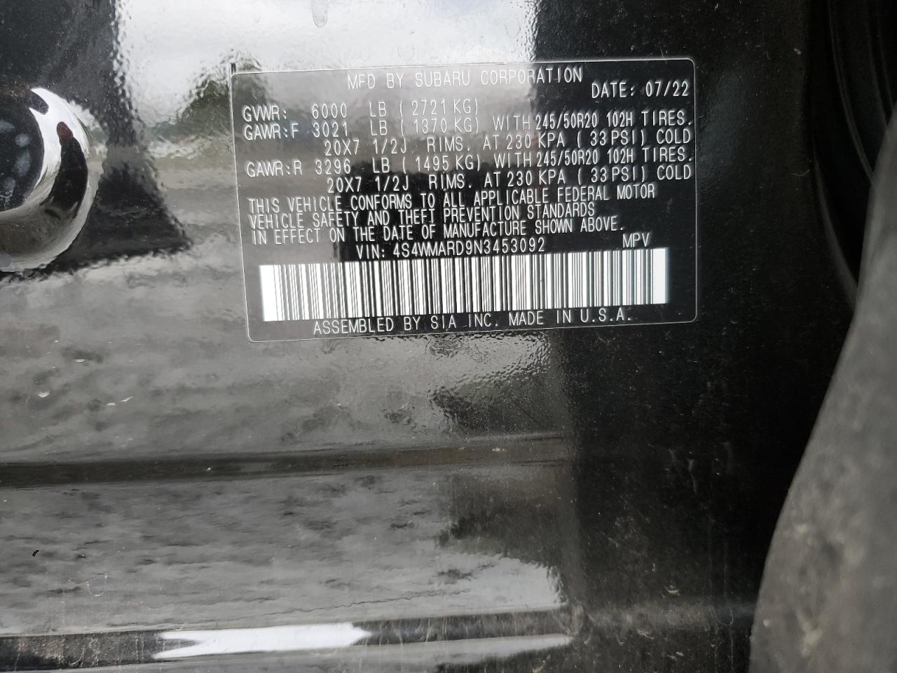 2022 SUBARU ASCENT TOURING VIN:4S4WMARD9N3453092